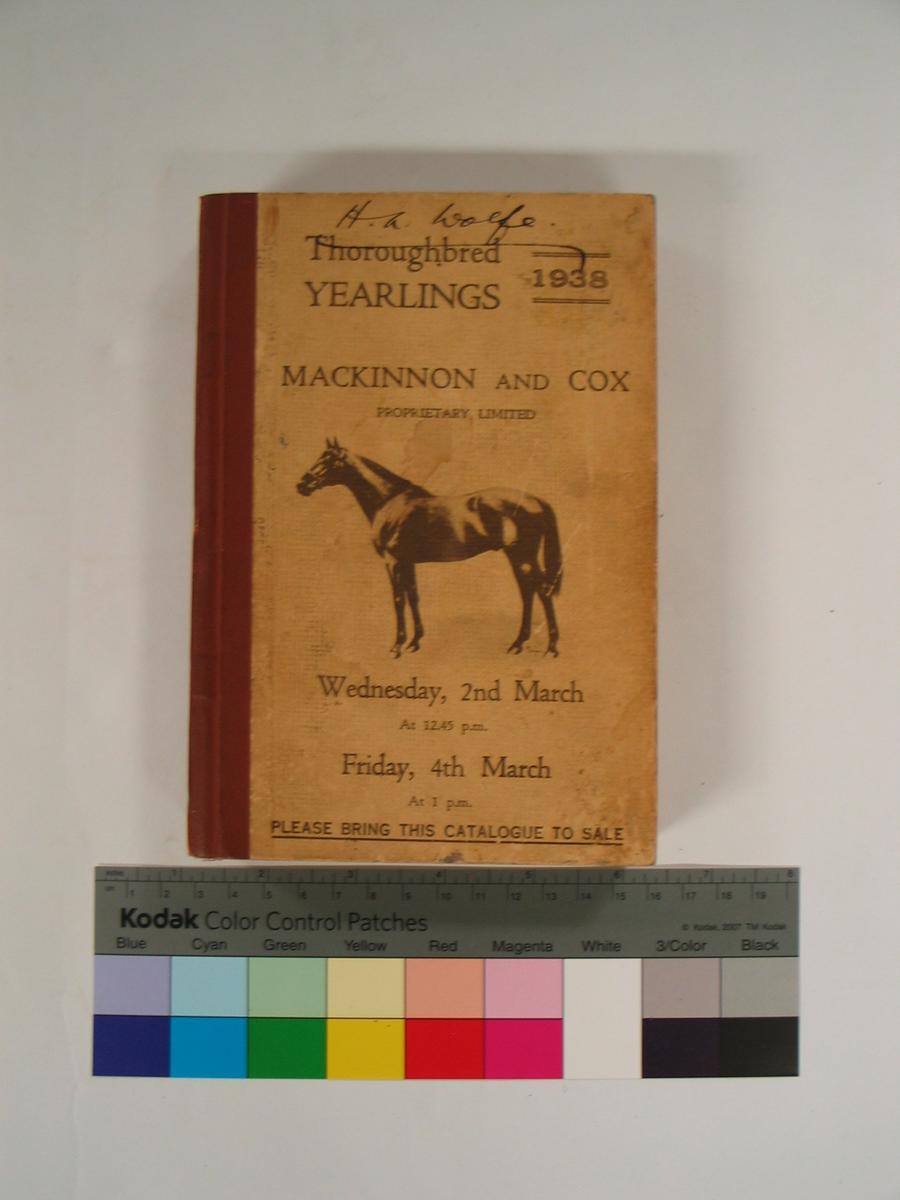 Catalogue; Thoroughbred Yearlings 1938, MacKinnon and Cox Australian