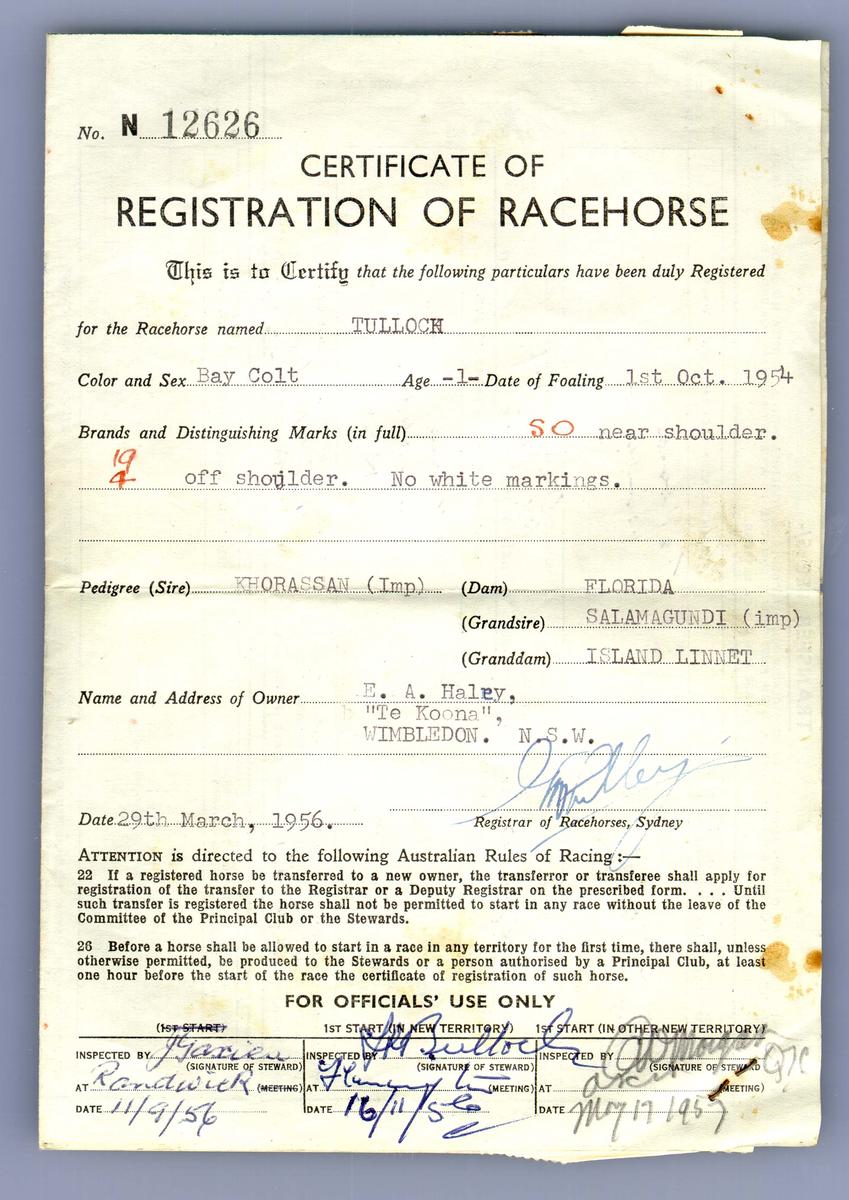 Certificate of Registration; Tulloch Australian Racing Museum